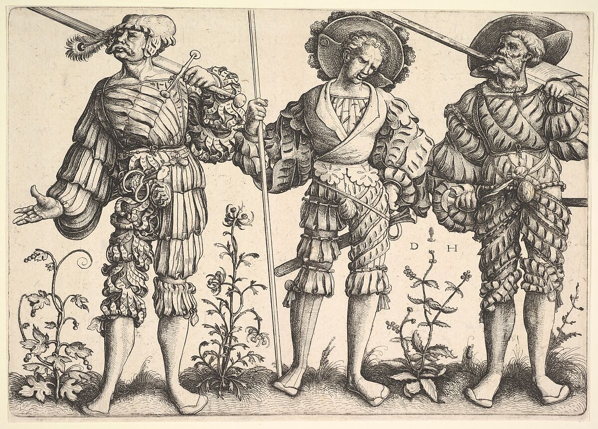 Three German Soldiers, Daniel Hopfer (German, Kaufbeuren 1471–1536 Augsburg), Etching; first state of three 