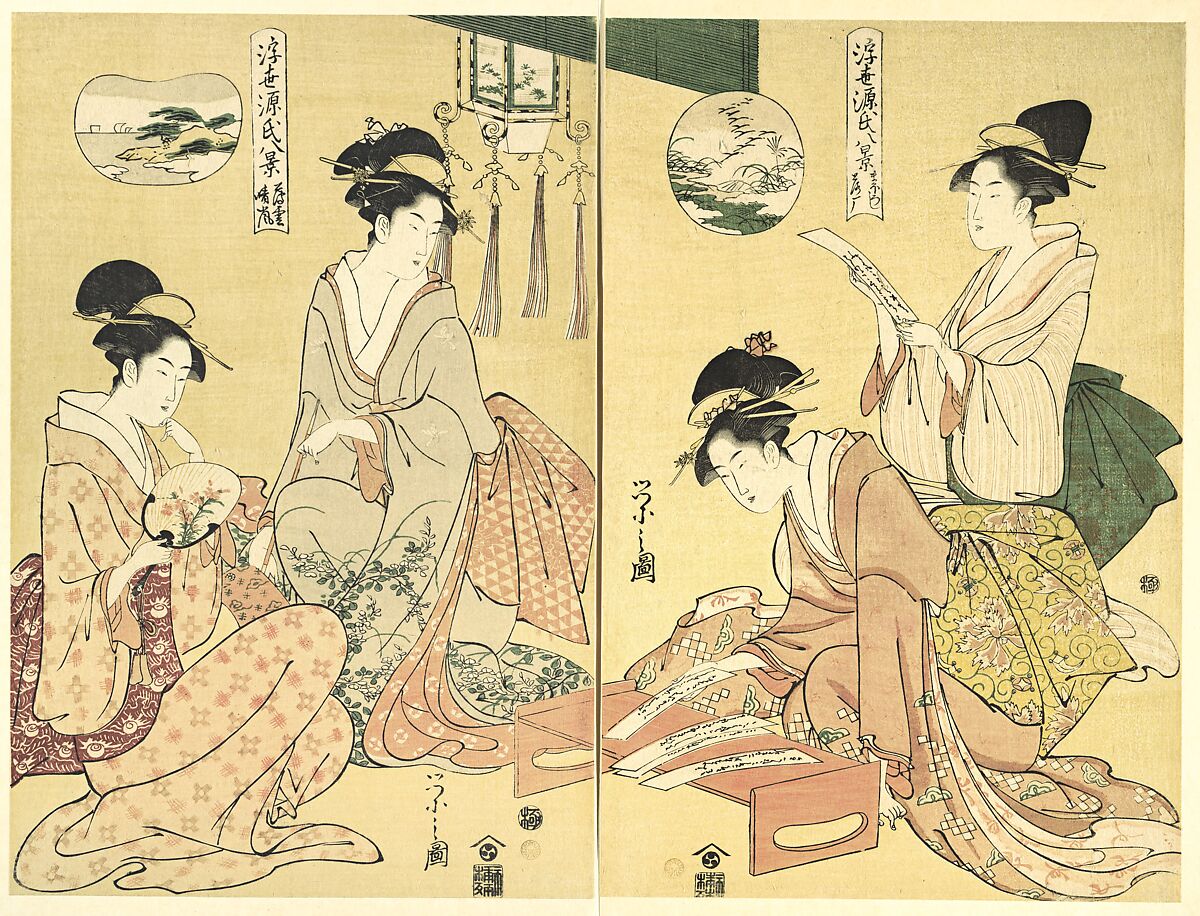 Spirit Summoner; Wild Geese Returning Home (Maboroshi; Rakugan) (right) and A Thin Veil of Clouds; Clearing Weather (Usugumo; Seiran) (left), from the series Eight Views of The Tale of Genji in the Floating World (Ukiyo Genji hakkei), Chōbunsai Eishi (Japanese, 1756–1829), Diptych of woodblock prints; ink and color on paper, Japan 