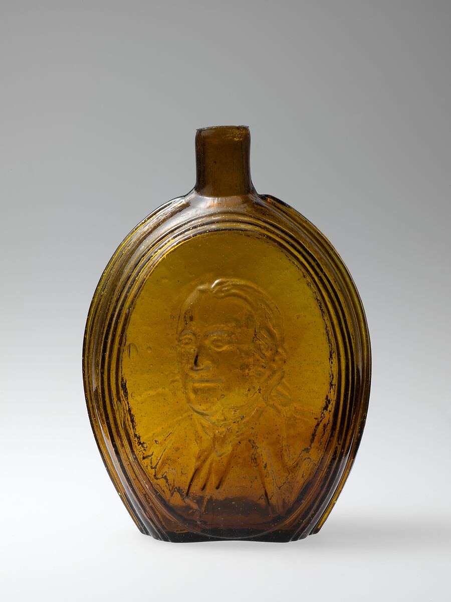 Figured flask, Kensington Glass Works (1816–38), Blown-molded glass, American