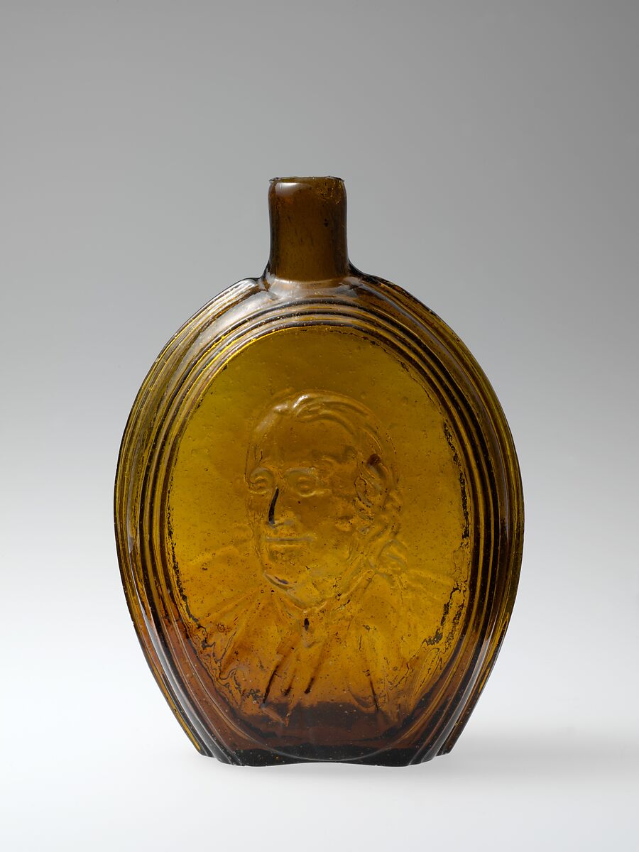 Figured flask, Kensington Glass Works (1816–38), Blown-molded glass, American 