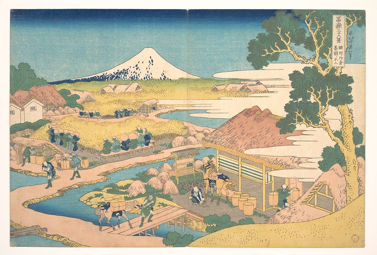 Fuji from the Katakura Tea Fields in Suruga (Sunshū Katakura chaen no Fuji), from the series Thirty-six Views of Mount Fuji (Fugaku sanjūrokkei), Katsushika Hokusai (Japanese, Tokyo (Edo) 1760–1849 Tokyo (Edo)), Woodblock print; ink and color on paper, Japan 