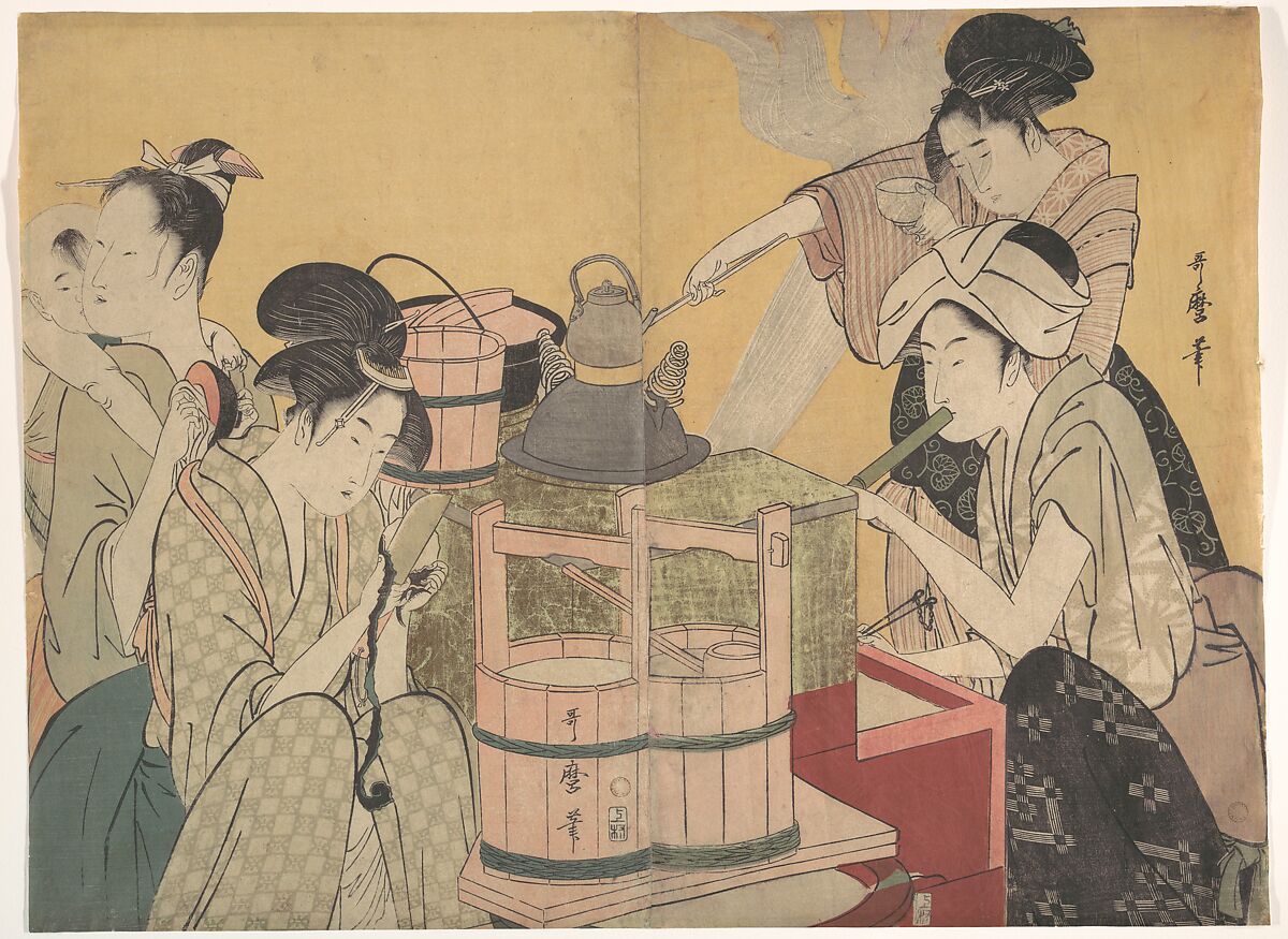 Kitchen Scene, Kitagawa Utamaro (Japanese, ca. 1754–1806), Diptych of woodblock prints; ink and color on paper, Japan 