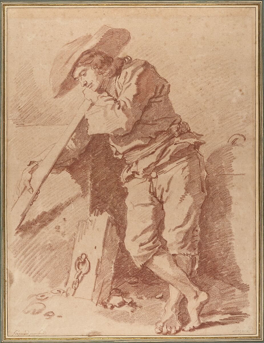 A Fisherman Leaning on an Oar, Jean Honoré Fragonard (French, Grasse 1732–1806 Paris), Red chalk 