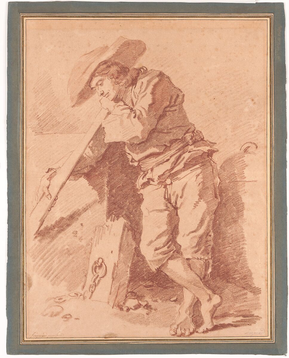 A Fisherman Leaning on an Oar, Jean Honoré Fragonard (French, Grasse 1732–1806 Paris), Red chalk