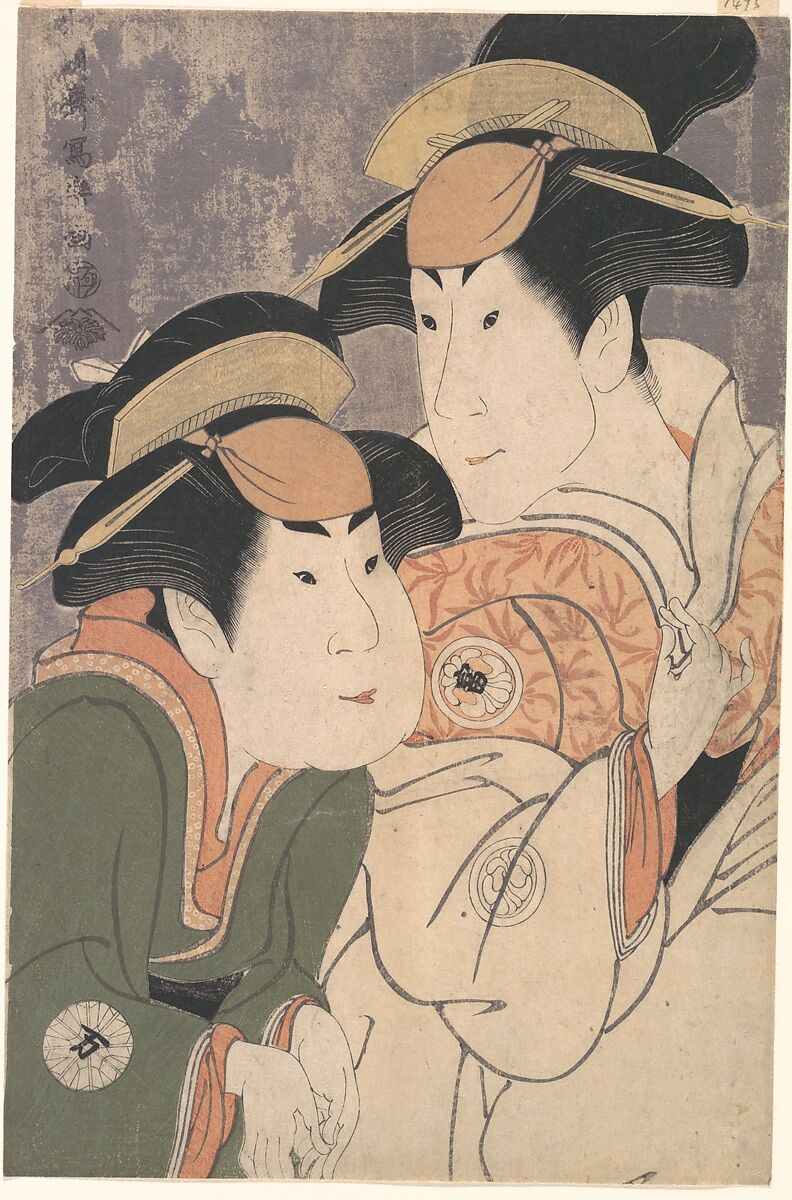 Segawa Tomisaburō II and Nakamura Manyo as Yadorigi and Her Maid Wakakusa in the Play "Hana Ayame Bunroku Soga", Tōshūsai Sharaku (Japanese, active 1794–95), Woodblock print; ink, color, white mica on paper, Japan 