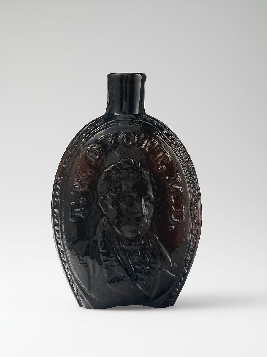 Figured flask, Kensington Glass Works (1816–38), Blown-molded glass, American
