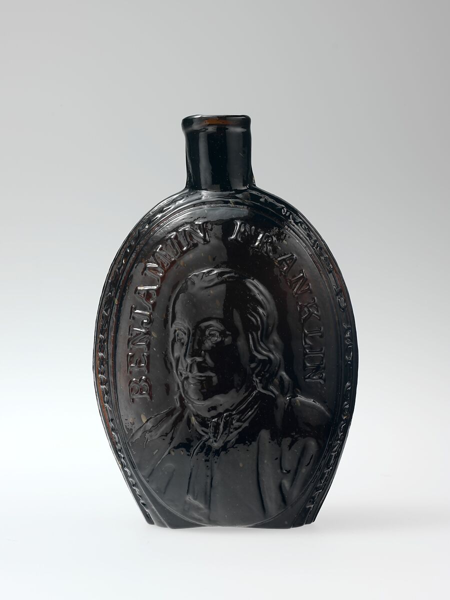 Figured flask, Kensington Glass Works (1816–38), Blown-molded glass, American 