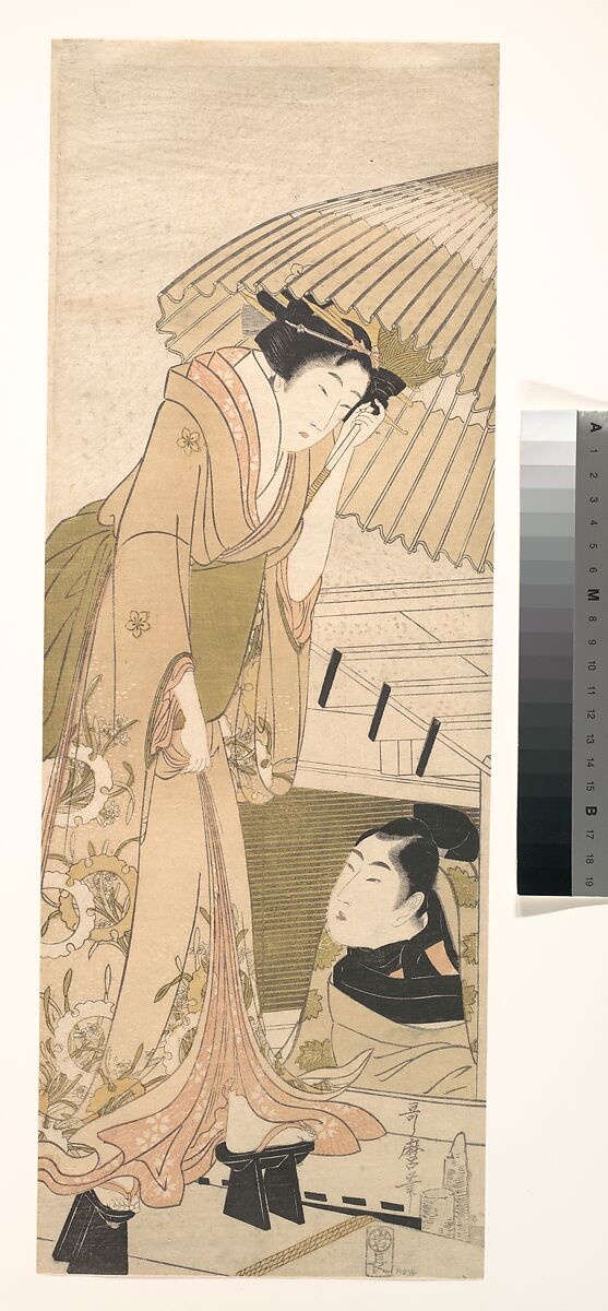 Landing-stage in the Snow (Yuki no sanbashi), Kitagawa Utamaro (Japanese, ca. 1754–1806), Woodblock print; ink and color on paper, Japan 