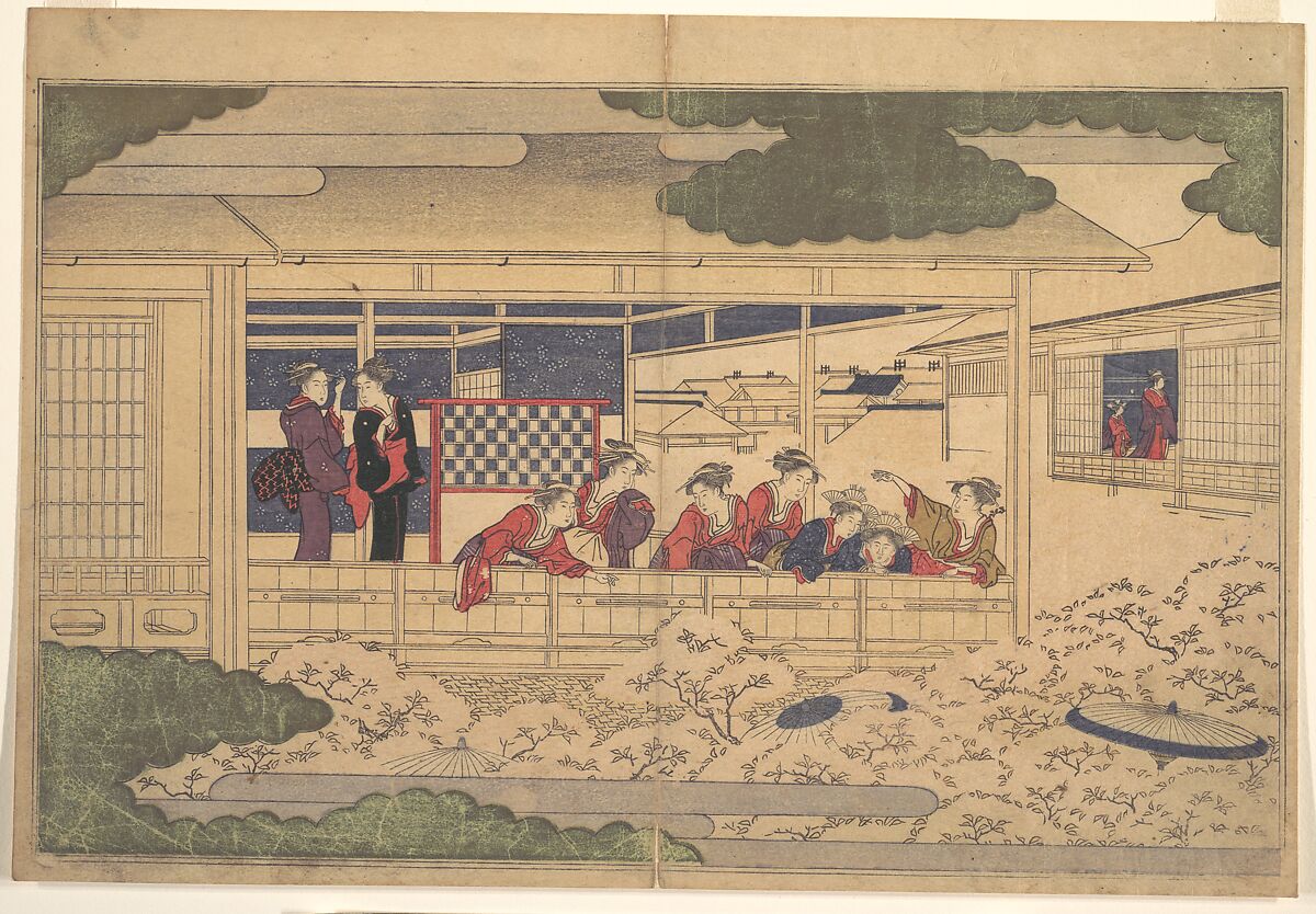 Viewing Cherry Blossoms, Kitagawa Utamaro (Japanese, ca. 1754–1806), Woodblock print; ink and color on paper, Japan 