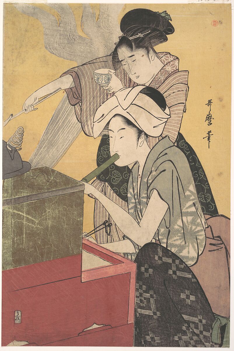 In the Kitchen, Kitagawa Utamaro (Japanese, ca. 1754–1806), Right-hand sheet of a diptych of woodblock prints; ink and color on paper, Japan 