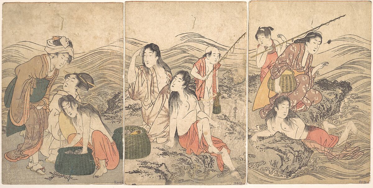 Girl Fishers and Bathers, Kitagawa Utamaro (Japanese, ca. 1754–1806), Triptych of woodblock prints; ink and color on paper, Japan 