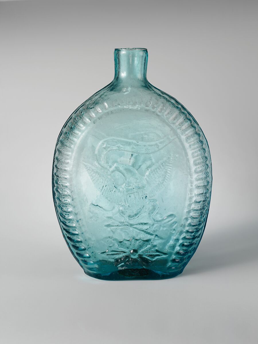 Flask, Possibly Kentucky Glass Works (ca. 1850–55), Free-blown molded aquamarine glass, American 