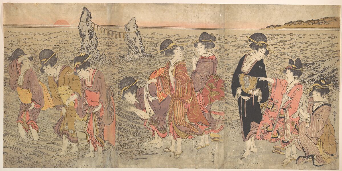 Women Worshipping the Rising Sun between the Twin Rocks at Ise, Kitagawa Utamaro (Japanese, ca. 1754–1806), Triptych of woodblock prints; ink and color on paper, Japan 