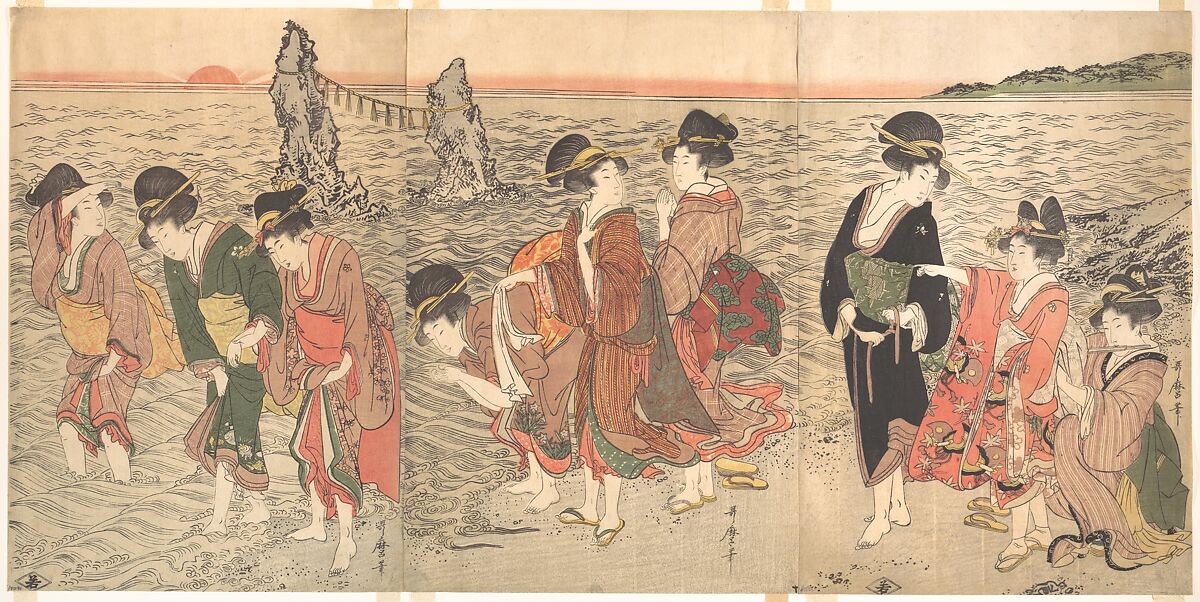 Women Worshipping the Rising Sun between the Twin Rocks at Ise, Kitagawa Utamaro (Japanese, ca. 1754–1806), Triptych of woodblock prints; ink and color on paper, Japan 