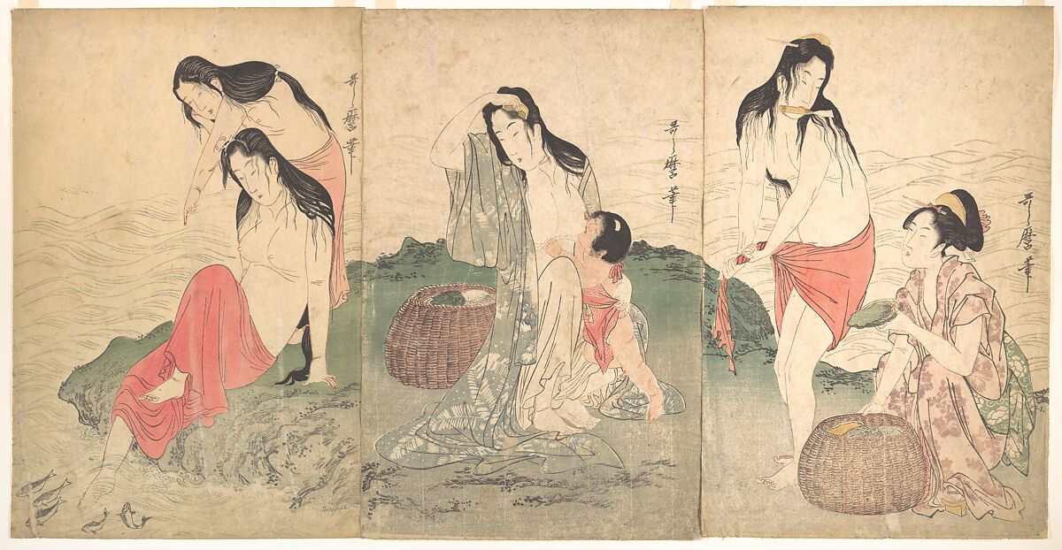 The Awabi Fishers, Kitagawa Utamaro (Japanese, ca. 1754–1806), Triptych of woodblock prints; ink and color on paper, Japan 