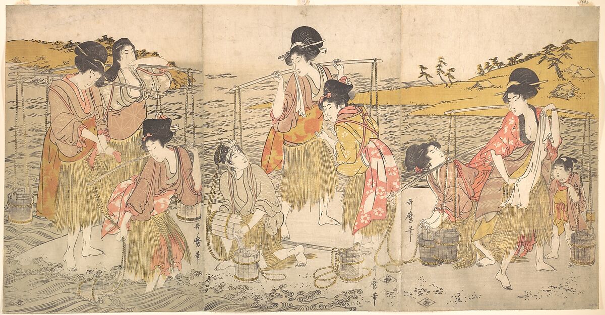 The Dance of the Beach Maidens, Kitagawa Utamaro (Japanese, ca. 1754–1806), Triptych of woodblock prints; ink and color on paper, Japan 