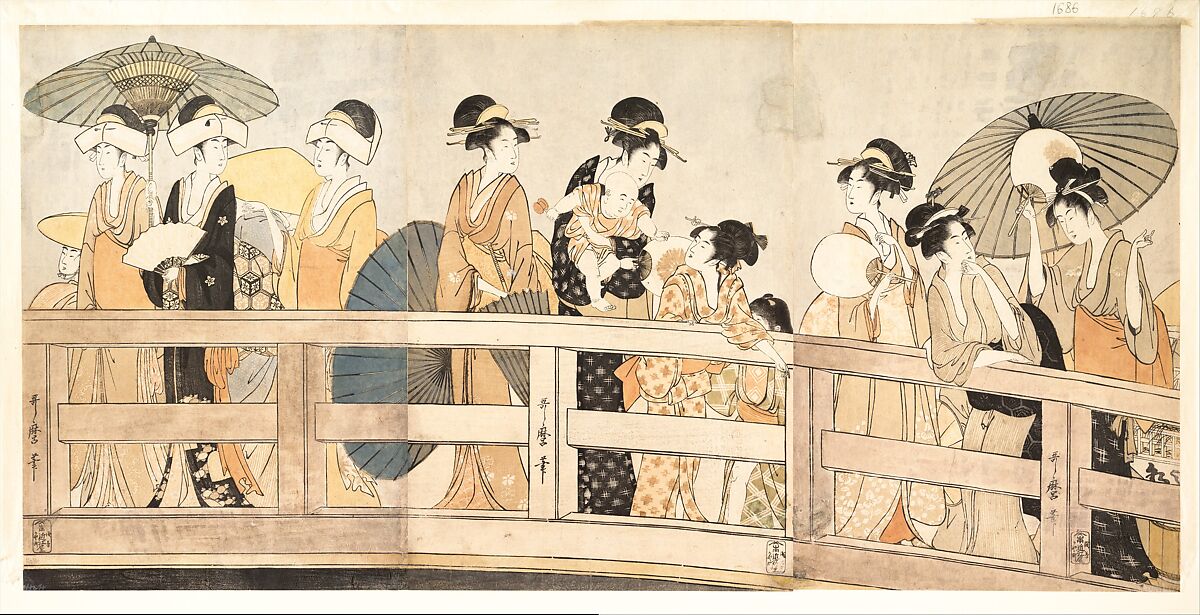 Enjoying the Cool Evening Breeze on and under the Bridge, Kitagawa Utamaro (Japanese, ca. 1754–1806), Three sheets of a hexaptych of woodblock prints; ink and color on paper, Japan 