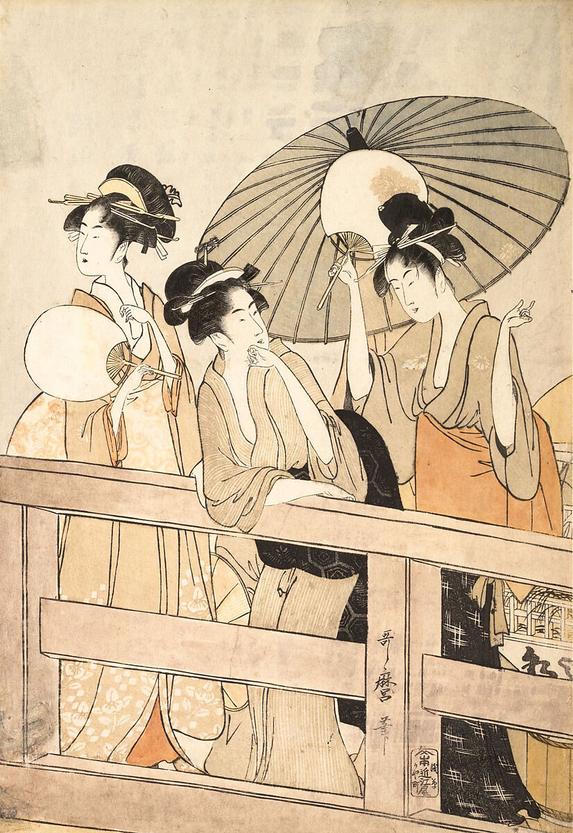 Enjoying the Cool Evening Breeze on and under the Bridge, Kitagawa Utamaro (Japanese, ca. 1754–1806), Three sheets of a hexaptych of woodblock prints; ink and color on paper, Japan
