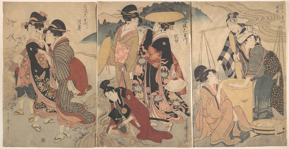 Women and a Man in the Country; Some pageant(?), Kitagawa Utamaro (Japanese, ca. 1754–1806), Triptych of woodblock prints; ink and color on paper, Japan 
