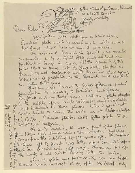 Letter to Robert Lewis Isaacson 1st page, discussing Combat (1936), Stanley William Hayter (British, London 1901–1988 Paris), Pen and ink 