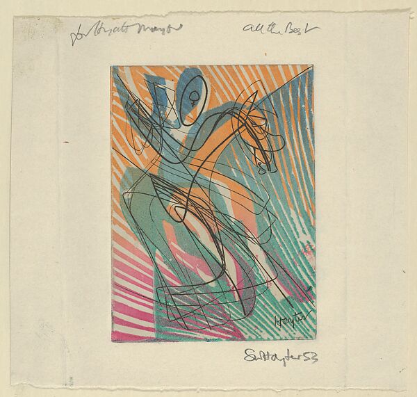 Greeting card for 1953–54, Stanley William Hayter (British, London 1901–1988 Paris), Engraving, Color 