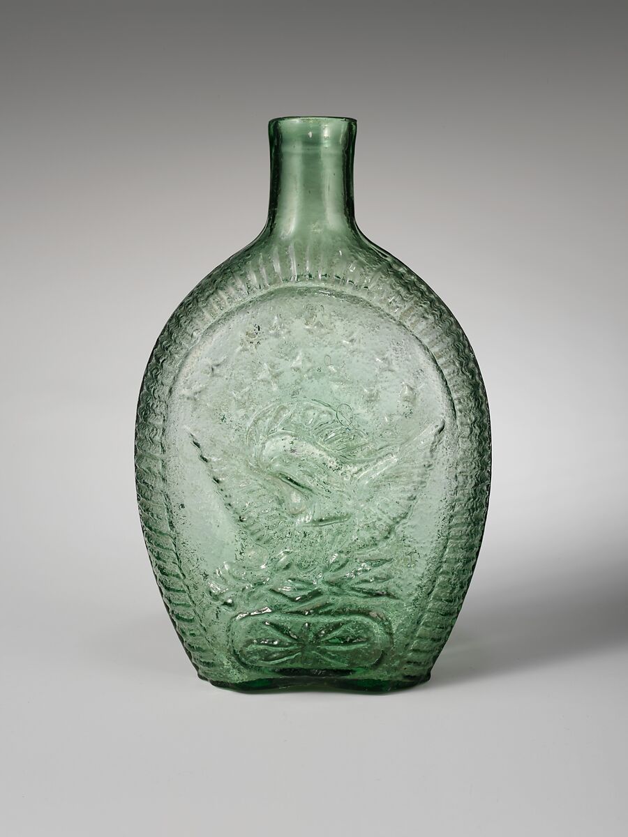 Flask, Possibly Kentucky Glass Works (ca. 1850–55), Free-blown molded green glass, American