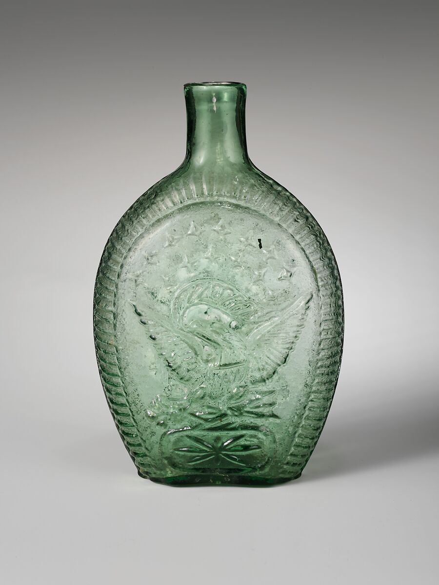 Flask, Possibly Kentucky Glass Works (ca. 1850–55), Free-blown molded green glass, American 