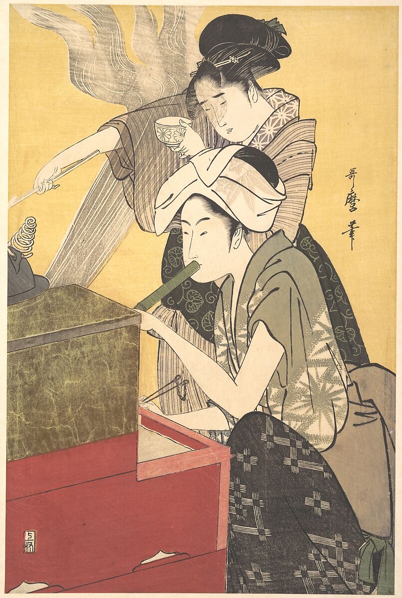 The Kitchen, Kitagawa Utamaro (Japanese, ca. 1754–1806), Right-hand sheet of a triptych of woodblock prints; ink and color on paper, Japan 