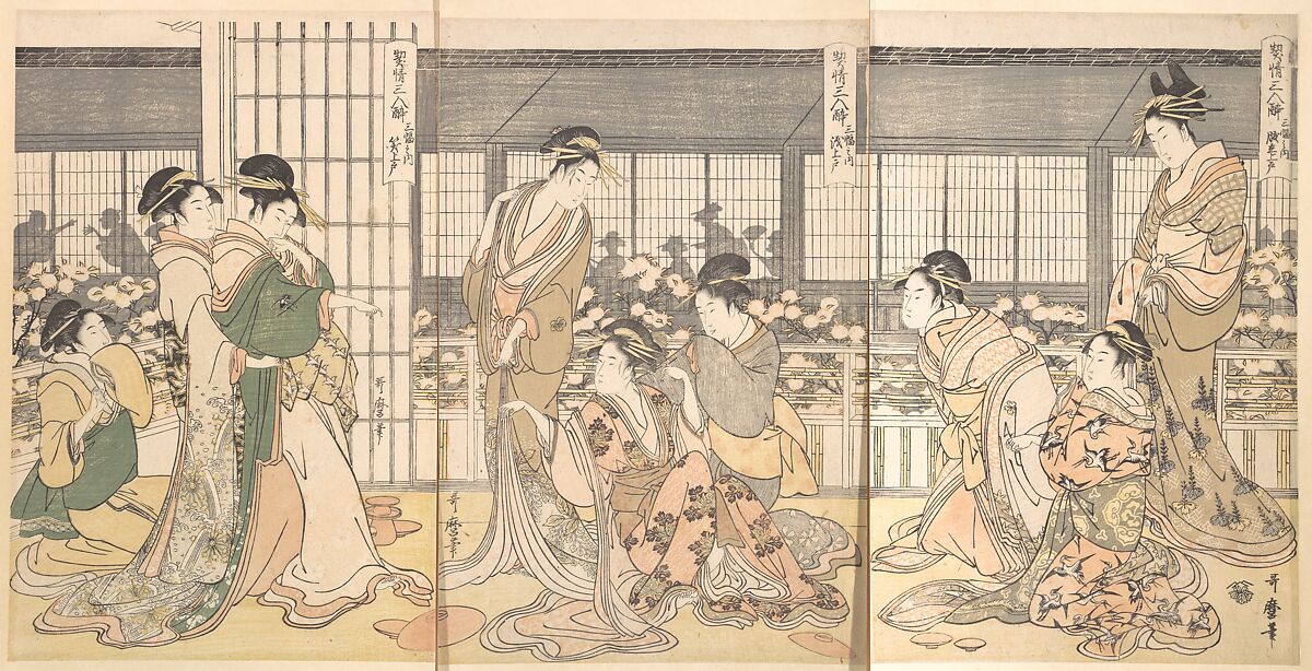 Three Intoxicated Courtesans, Kitagawa Utamaro (Japanese, ca. 1754–1806), Triptych of woodblock prints; ink and color on paper, Japan 