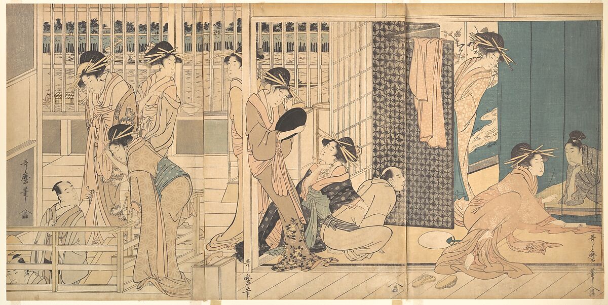 Scene in the Yoshiwara, Kitagawa Utamaro (Japanese, ca. 1754–1806), Triptych of woodblock prints; ink and color on paper, Japan 