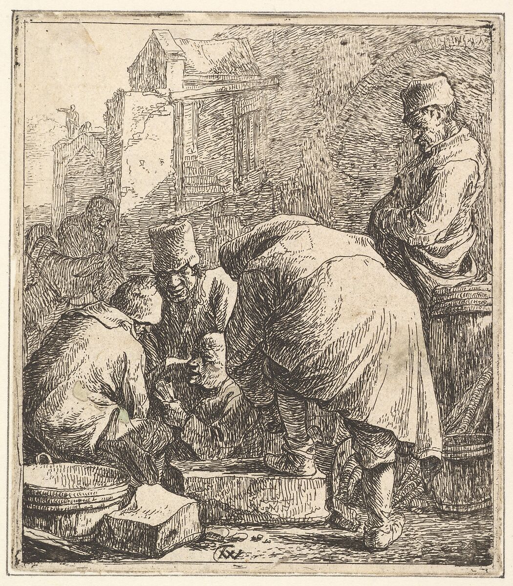 Man Adjusting His Footwear, at Left Three Men Playing Cards, Thomas Wijck (Dutch, Beverwijck, near Haarlem 1616?–1677 Haarlem), Etching 