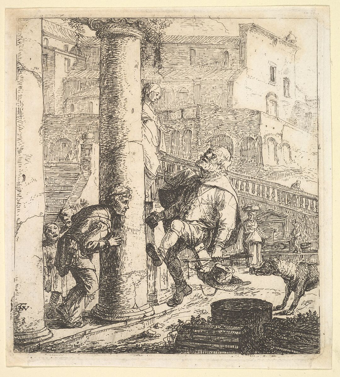 Blind Beggar Bumping A Pillar; this and 63.616.39 (2) are two plates of beggars from the story of Lazaville de Tormes., Thomas Wijck (Dutch, Beverwijck, near Haarlem 1616?–1677 Haarlem), Etching with drypoint; third state of three 