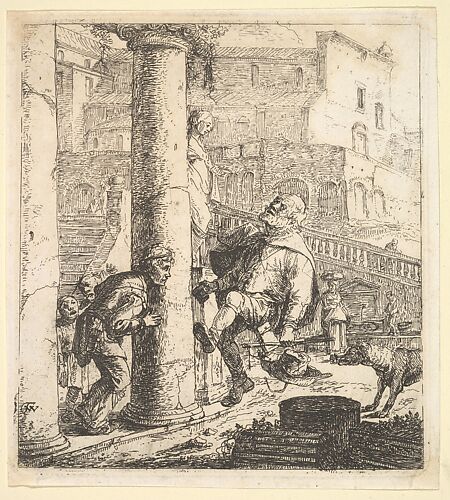 Blind Beggar Bumping A Pillar; this and 63.616.39 (2) are two plates of beggars from the story of Lazaville de Tormes.