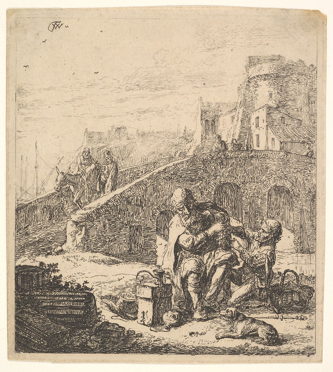 Lazarillo Stealing Grapes from the Poor Blind Beggar, Thomas Wijck (Dutch, Beverwijck, near Haarlem 1616?–1677 Haarlem), Etching with drypoint; third state of three 