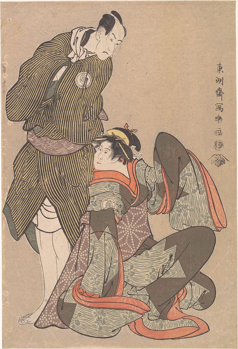 Bandō Hikosaburō III in the Role of Obiya Chōemon and Iwai Hanshiro IV in the Role of Shinanoya Ohan, from the Play “Nihonmatsu Michinoku sodachi”, Tōshūsai Sharaku (Japanese, active 1794–95), Woodblock print; ink and color on paper; white mica ground, Japan 