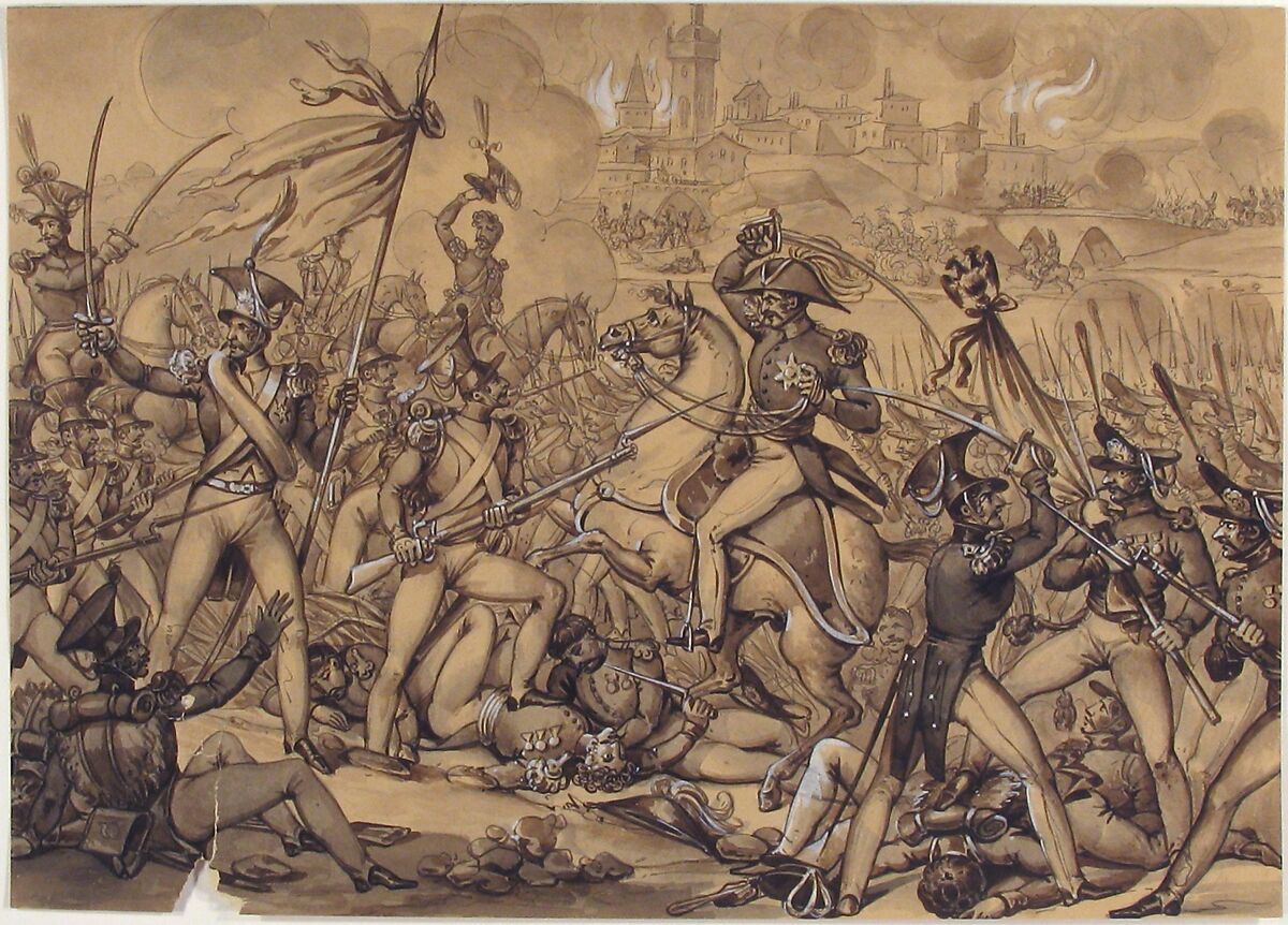 The Battle of ?, Anonymous, French, 19th century, Pen and ink, brush and wash over graphite, with touches of white