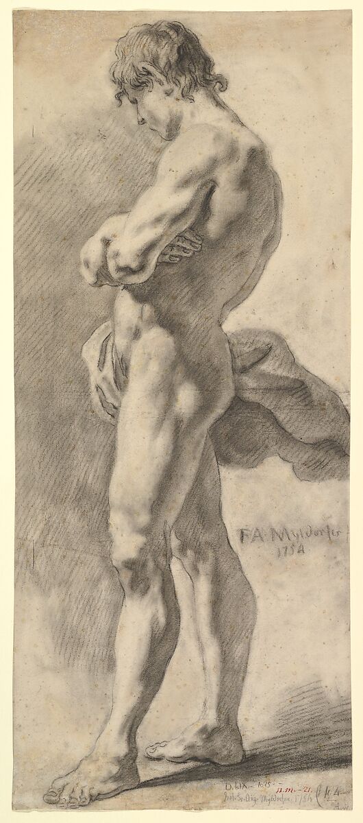 Standing Male Nude, Franz August Myldorfer (Austrian, active ca. 1750), Black chalk 