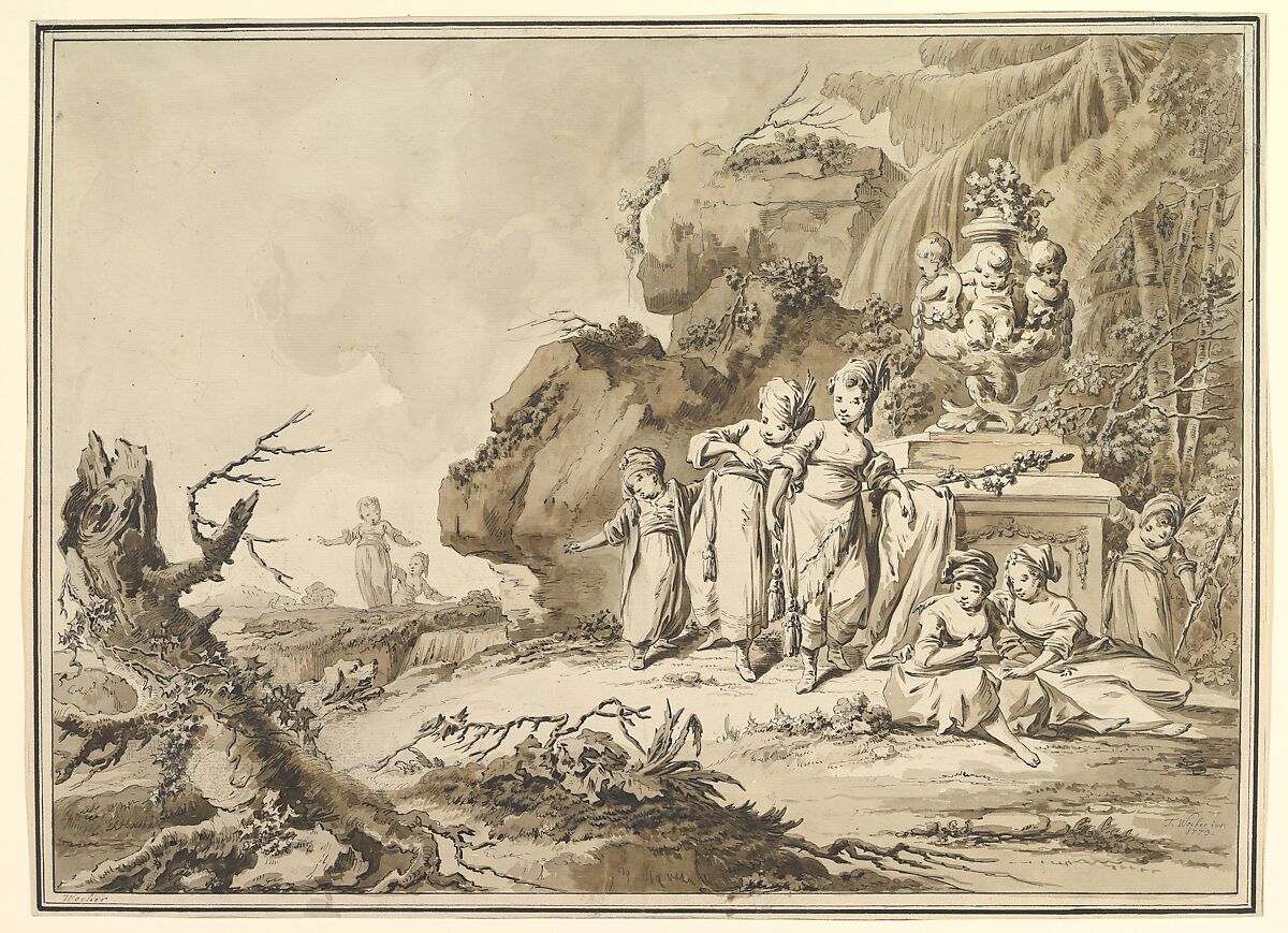 Landscape with Children in Oriental Costume, Tiberius Domenikus Wocher (German, Mimmenhausen 1728–1799 Reute (active Switzerland)), Pen and black ink, brush and gray and brown wash; framing lines in pen and black ink 