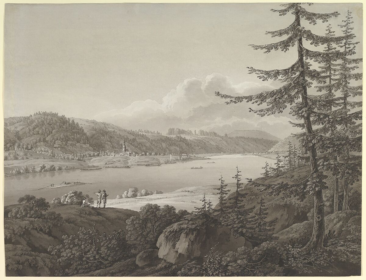 View of Bad Schandau at the River Elbe with the Winterberg, Adrian Zingg (Swiss, St. Gallen 1734–1816 Leipzig), Pen and black ink, brush and gray wash 