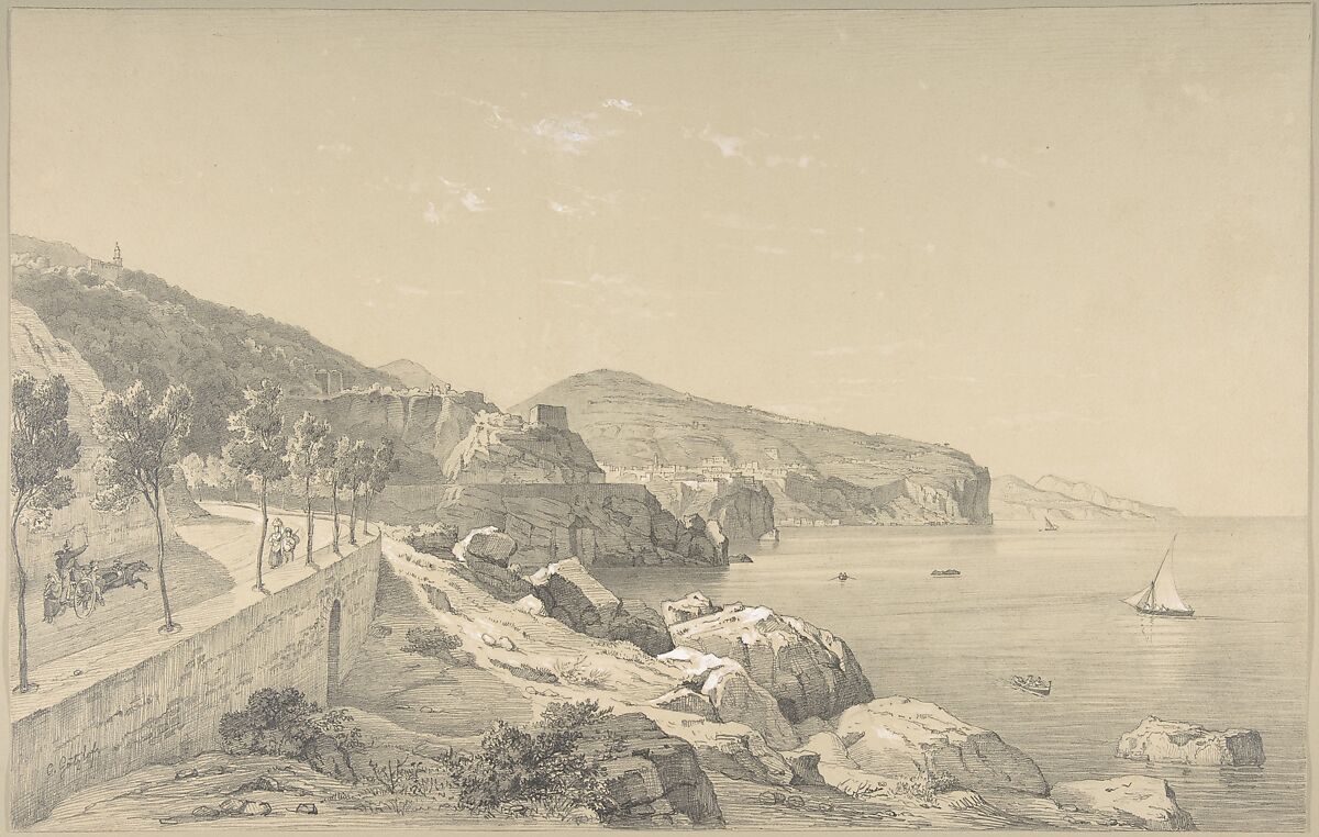 View of the Coast of Sorrento Near Vico, Carl Wilhelm Goetzloff (German, Dresden 1799–1866 Naples), Graphite, heightened with white; framing lines in pen and ink 