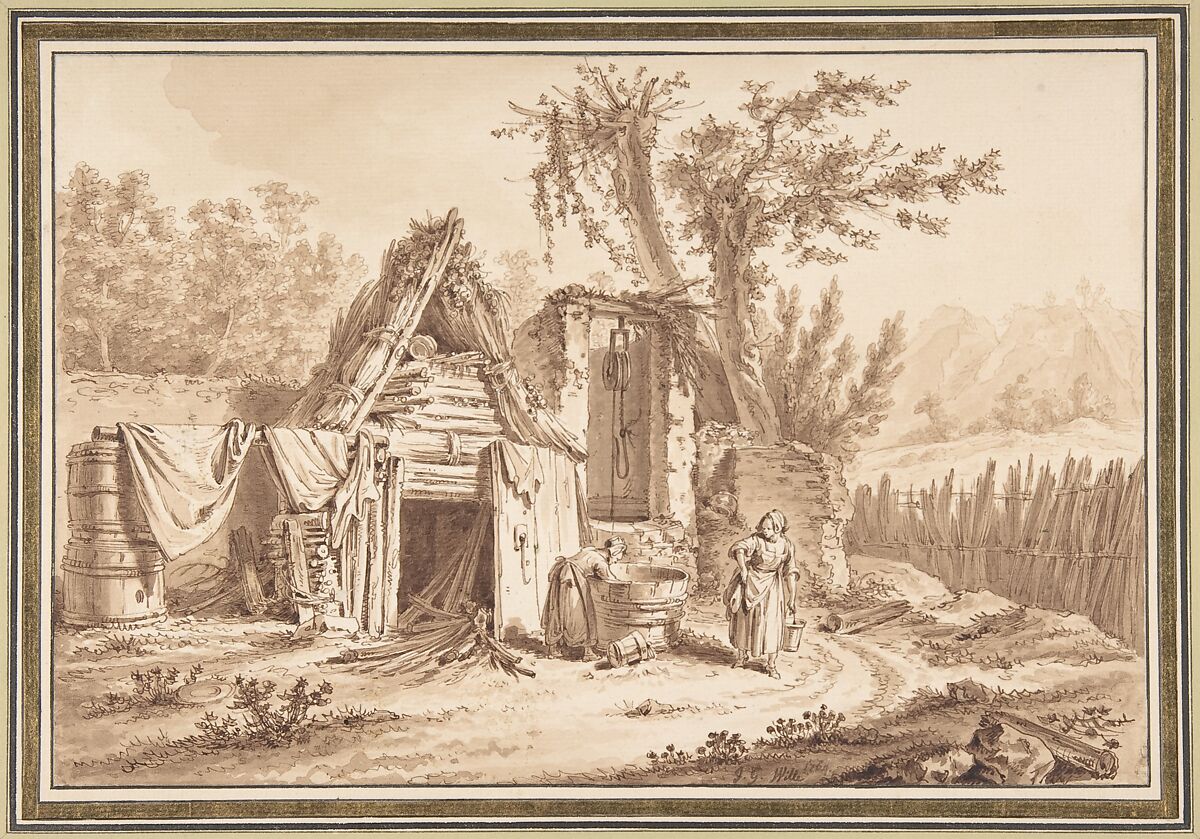 Washerwomen in Front of a Cottage, Johann Georg Wille (German (active France), Köningsberg 1715–1808 Paris), Pen and brown ink, brush and brown gouache (braun laviert) 
