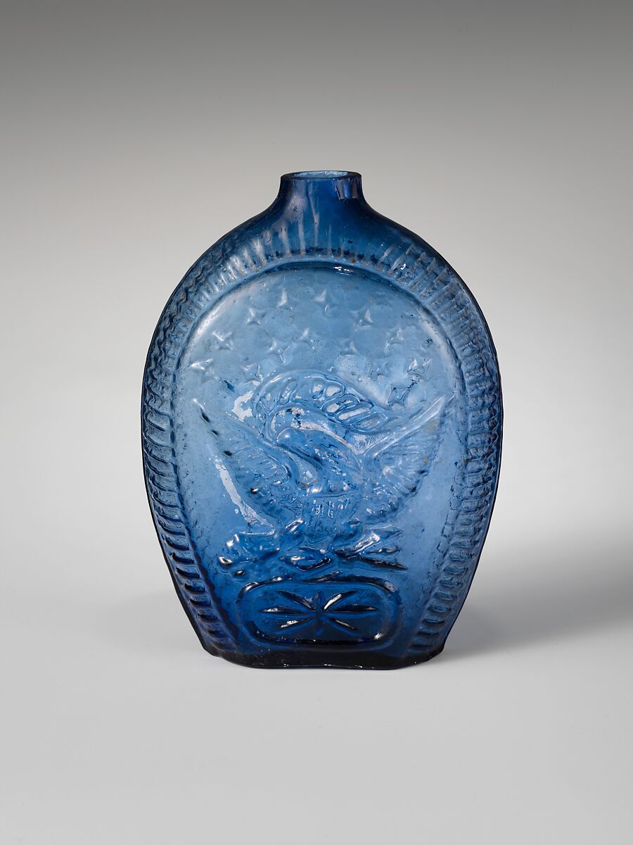 Flask, Possibly Kentucky Glass Works (ca. 1850–55), Free-blown molded blue glass, American 