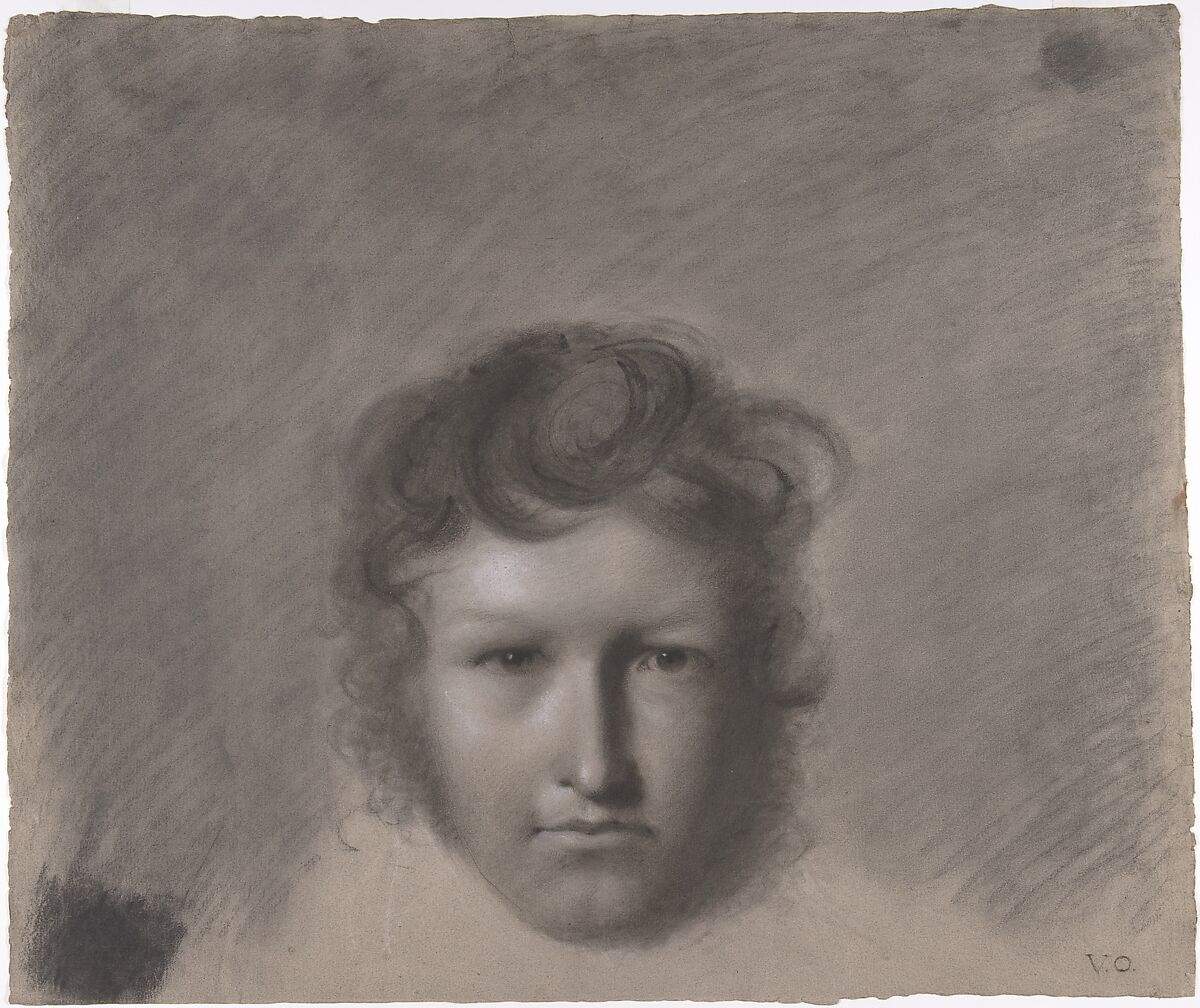 Self-Portrait, Andre-Jacques-Victor Orsel (French, Oullins 1795–1850 Paris), Black chalk  with touches of white chalk on beige (formerly blue) laid paper 