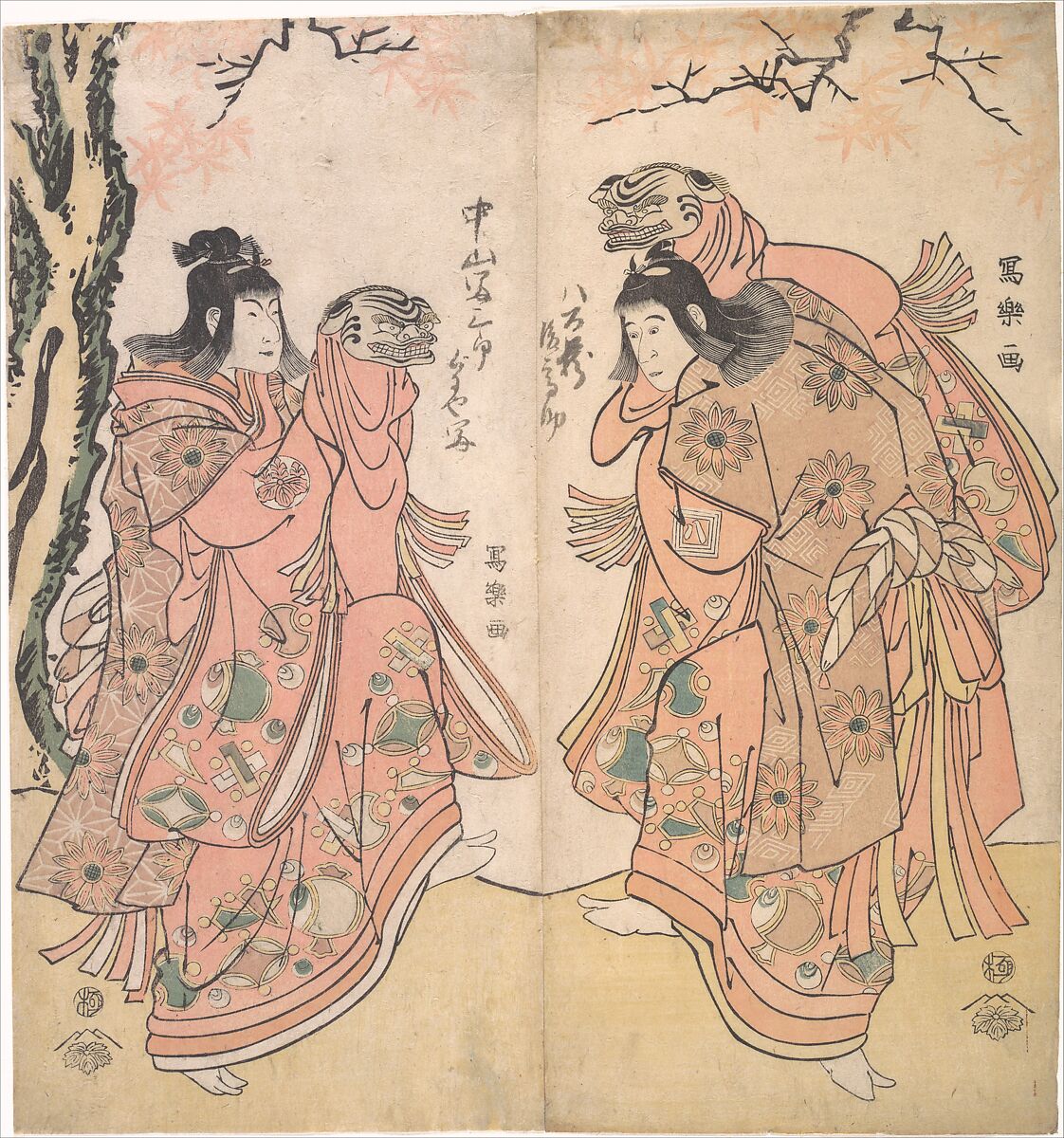 Actor Ichikawa Yaozo III as a Courtesan's Attendant, Tōshūsai Sharaku (Japanese, active 1794–95), Diptych of woodblock prints; ink and color on paper, Japan 