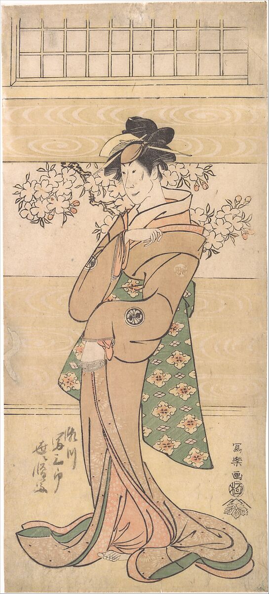 Actor Segawa Tomisaburo II as the Geisha Asaka, Tōshūsai Sharaku (Japanese, active 1794–95), One sheet of a pentaptych of woodblock prints; ink and color on paper, Japan 