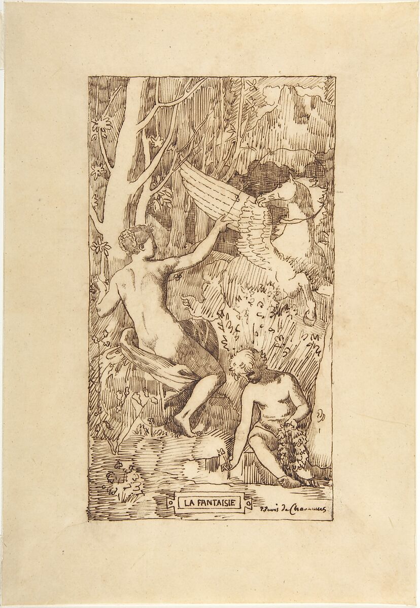 Fantasy, Pierre Puvis de Chavannes (French, Lyons 1824–1898 Paris), Pen and brown ink on calque, laid down on wove paper