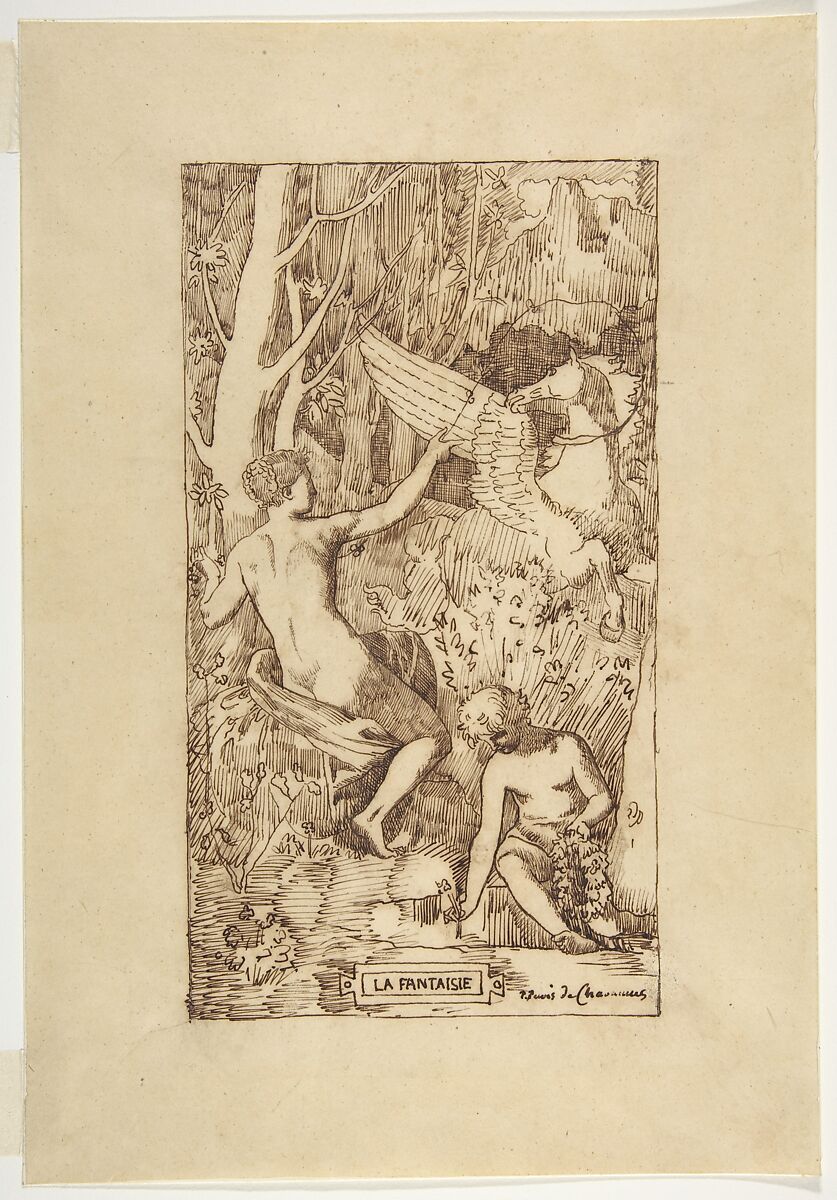 Fantasy, Pierre Puvis de Chavannes (French, Lyons 1824–1898 Paris), Pen and brown ink on calque, laid down on wove paper 