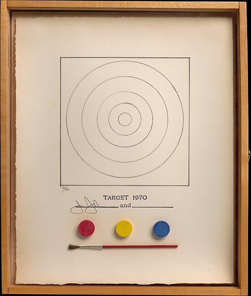 Target, Jasper Johns (American, born Augusta, Georgia, 1930), Lithograph with rubber stamp impression and collaged elements (one watercolor brush and three dried watercolor cakes) in hinged wood case 