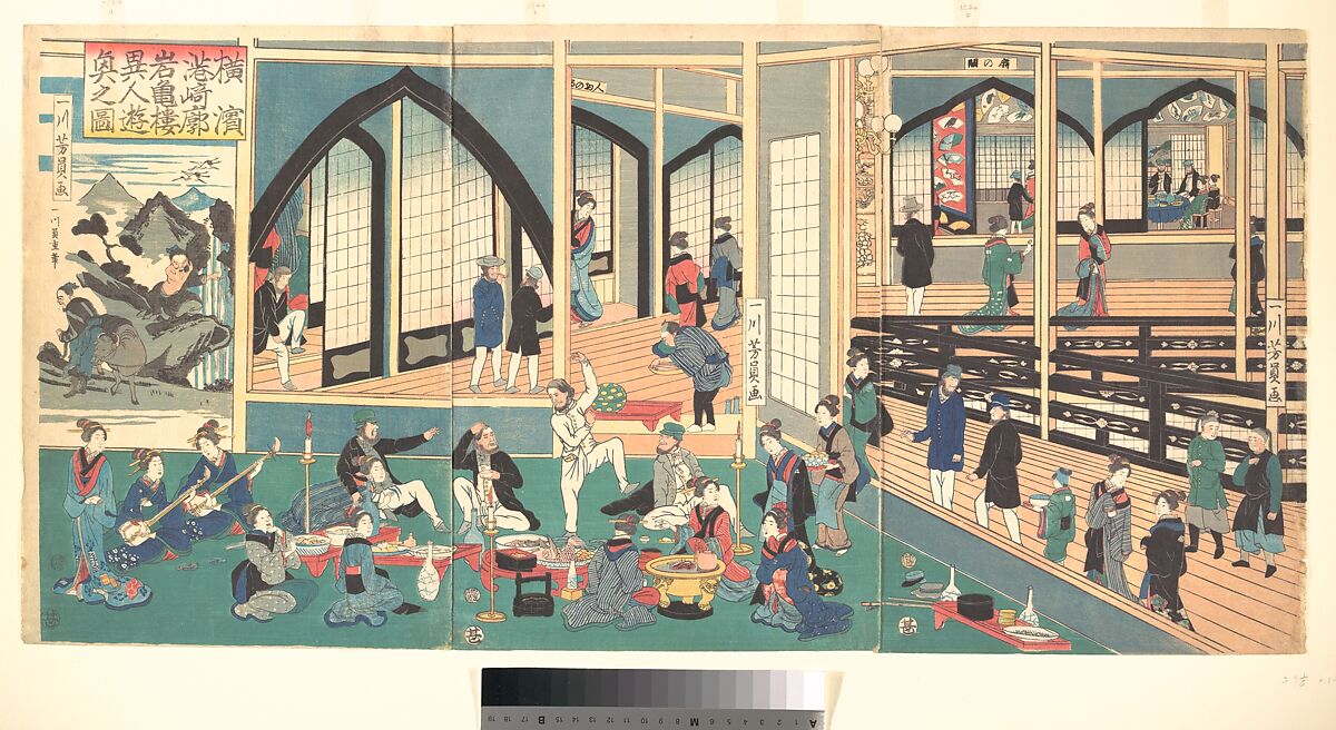 Foreigners Enjoying Themselves in the Gankirō, Utagawa Yoshikazu (Japanese, active ca. 1850–70), Triptych of woodblock prints; ink and color on paper, Japan 