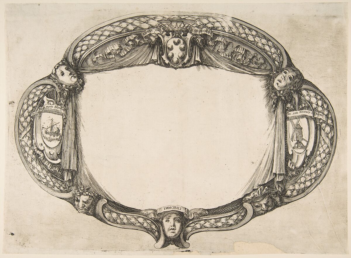 Ornament Design for a Thesis on the Device: Quest' un soccorso, Stefano della Bella (Italian, Florence 1610–1664 Florence), Etching with engraving? 